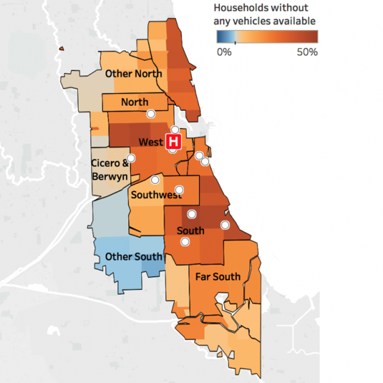 Map of Cook County showing households without any vehicles available in various areas