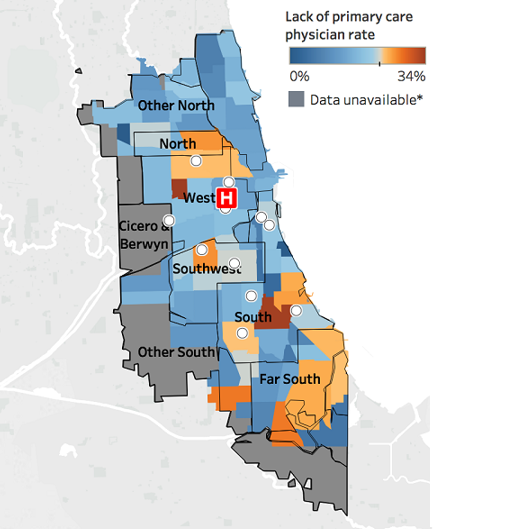 Map showing the lack of primary care physician rate