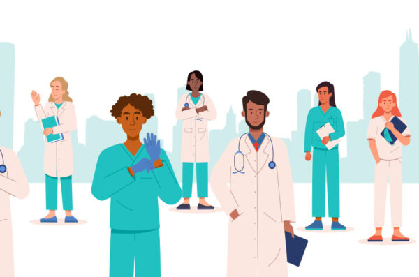 illustration of many diverse individuals wearing a variety of health-related attire
