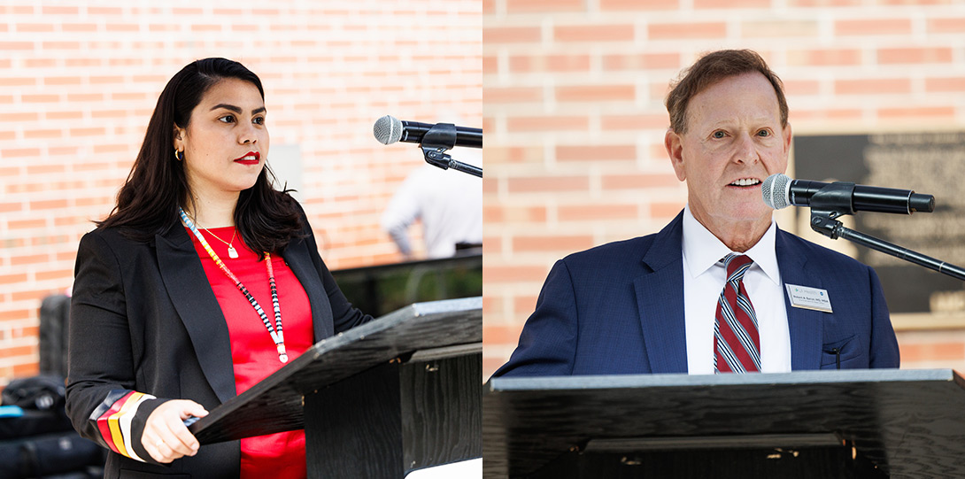 photos of Adriana black and Dr. Barish, both speaking from behind a podium