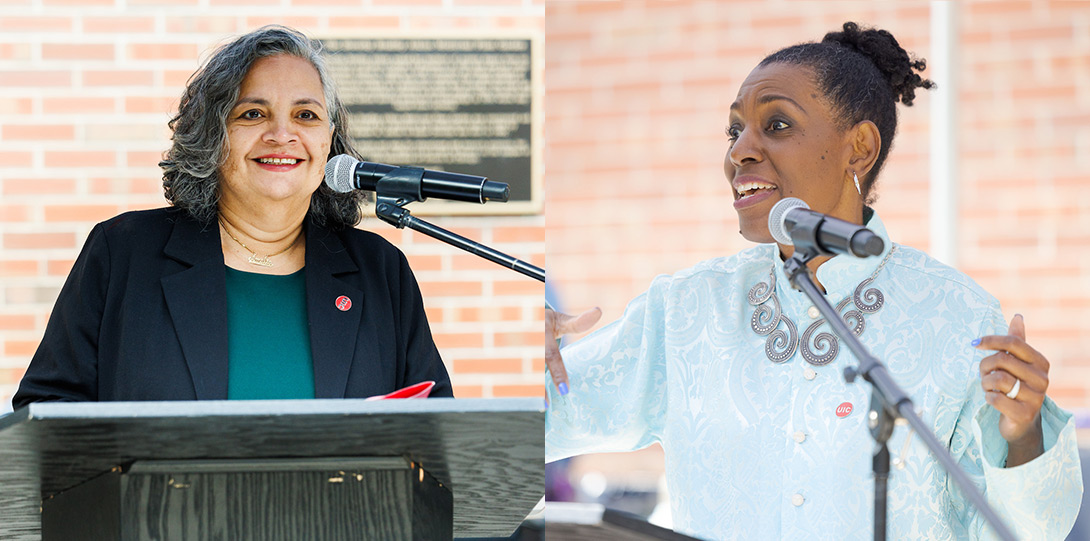 photos of Dr. Pallares and Dr. Ballard-Thrower, both speaking from behind a podium