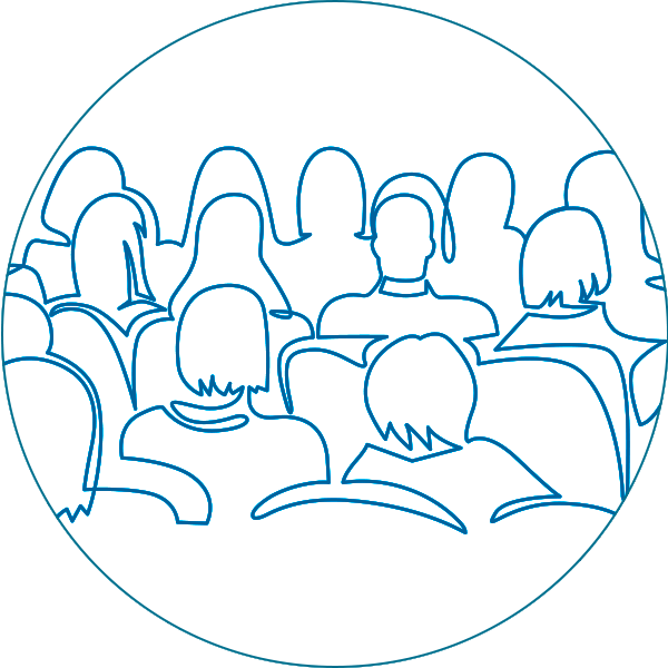 stylized line drawing of people sitting in an audience