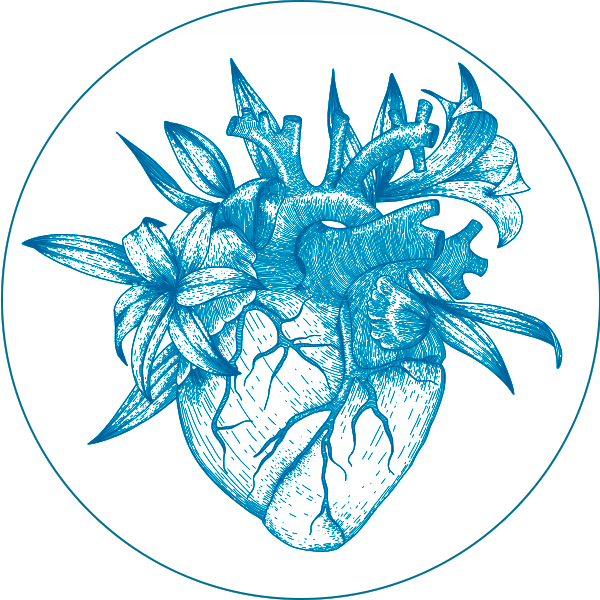 drawing of human heart adorned with flowers and foliage