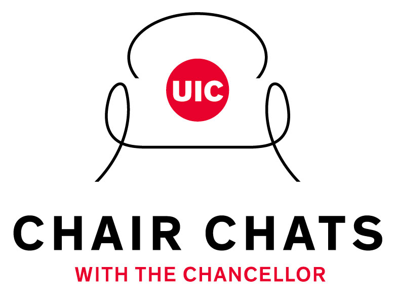 logo of stylized hand rawn chair with UIC Logo adn the text chair Chats with the Chancellor
