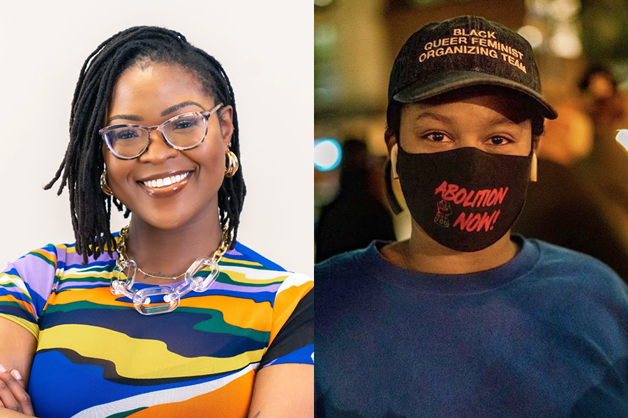 photos of Dr. Ford in a colorful patterned blouse, a large necklace, wearing glasses and with braided hair, and of Tynetta wearing a blue t-shirt, a black ball cap and a mask bearing the phrase Abolition Now