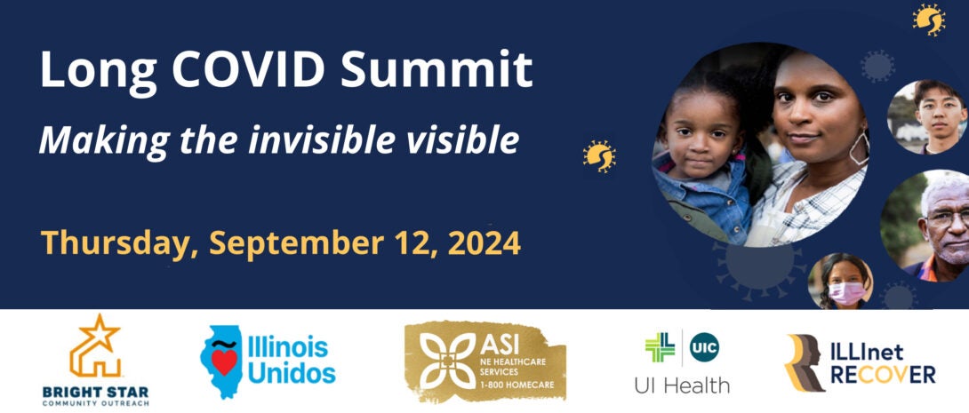 Long COVID Summit: Making the invisible, Thursday, September 12, 2024, with four circles containing images of diverse individuals against a dark blue background, and showing logos for the five partner organizations listed below