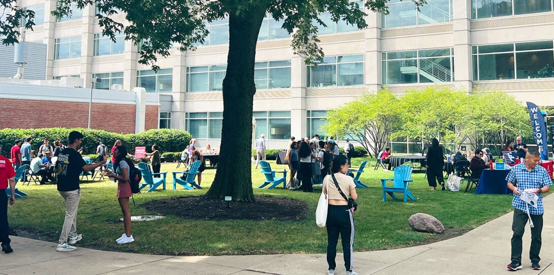 view of the medical sciences courtary showing a walkway in the foregrounnd, a lawn with a tree and blue lawn chairs scattered across the lawn, with a variety of people  walking through the scene