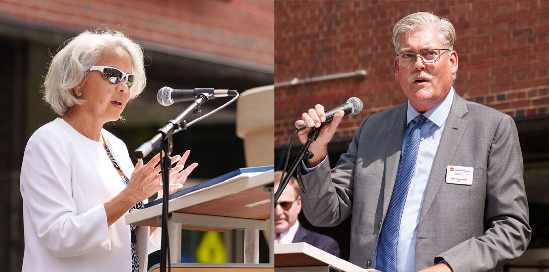 At left, photo of a woman in a white jacket standing at a podium and speaking into a microphone. At right, a man in a light gray suite and blue necktie standing at a podium and speaking into a microphone.