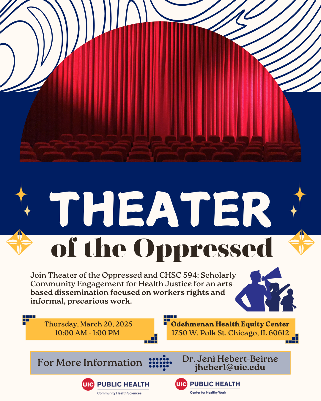 Image of a theatre with red seats and a red curtain. Text describing the event and blue icons of three people. One has a megaphone.